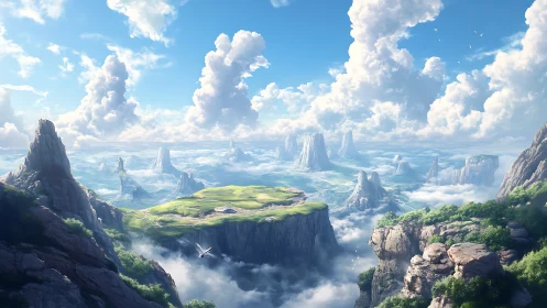 High-altitude floating plateau with distant mesas in clouds