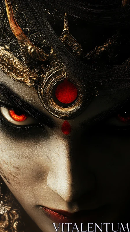 Intense goddess-like face with glowing red eyes and crown.