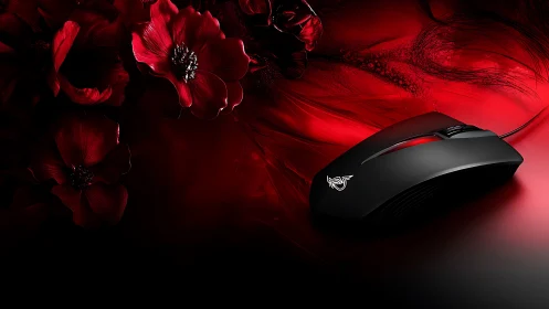 Black wired mouse on red floral digitally lit background.
