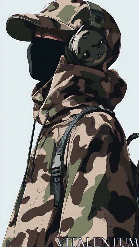 Camouflage wanderer listens to the city behind the mask.