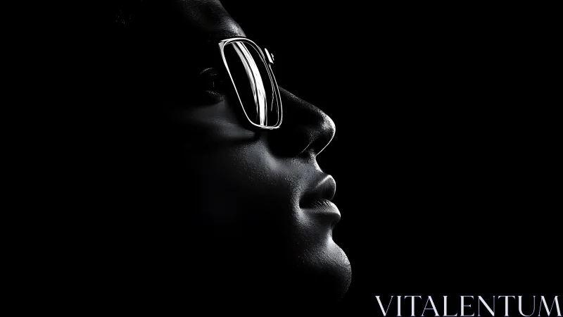 High contrast side profile with specular glasses reflection.