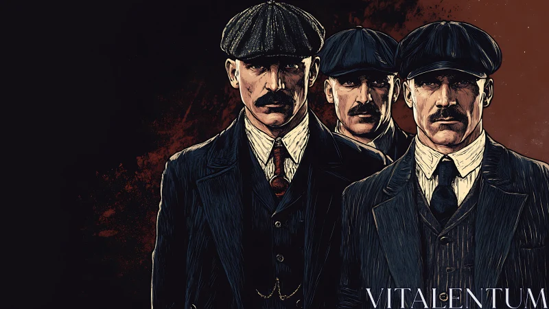 Three stern men in vintage suits and caps in dark scene.