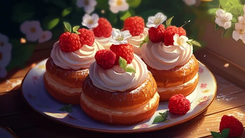Sunlit raspberry cream pastries arranged on floral china