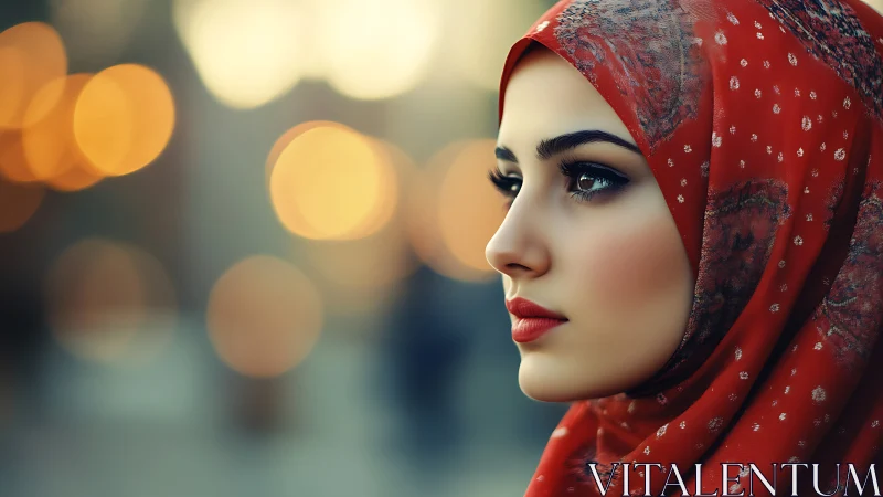 Portrait of Woman in Red Hijab with Bokeh Lights, Artistic Style.