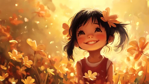 Sunlit child smiles amid glowing golden flower meadow.