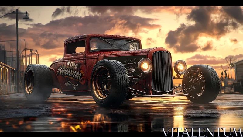 Custom red hot rod coupe on wet street at sunset.