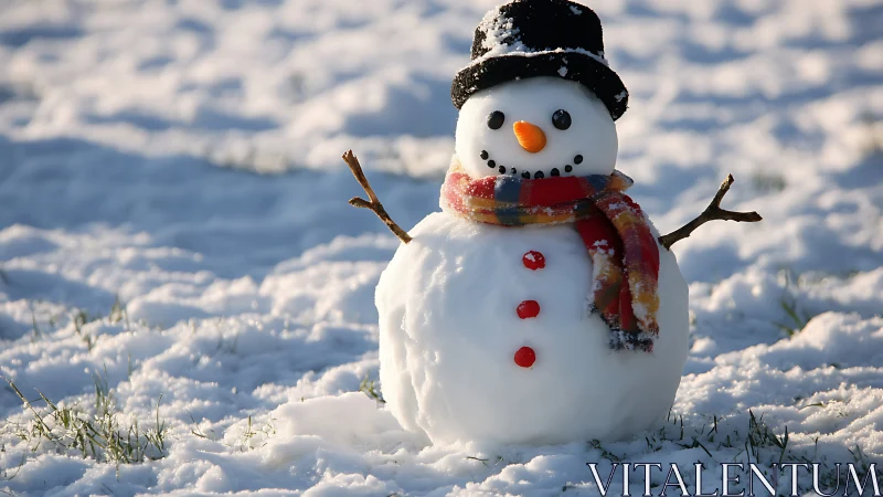Cheerful snowman smiles warmly in a sunlit winter field