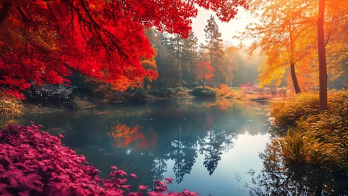 Radiant autumn pond cradled by glowing scarlet foliage.