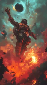 Skybreaker wanderer catching a newborn eclipse above firestorm.