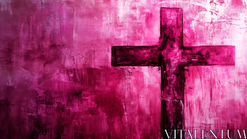 Crimson cross dominates rough magenta abstract field