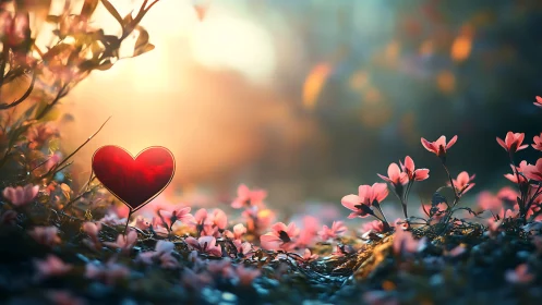 Red Heart Among Pink Flowers in Golden Sunlight