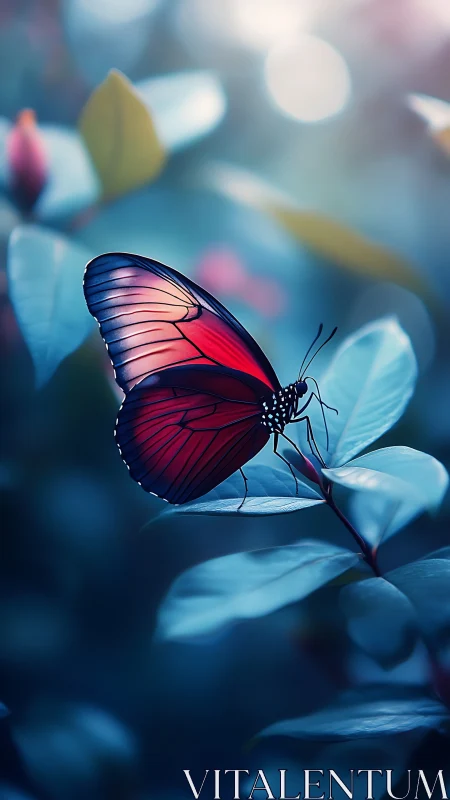 Macro study of red butterfly on cool-toned foliage with shallow bokeh