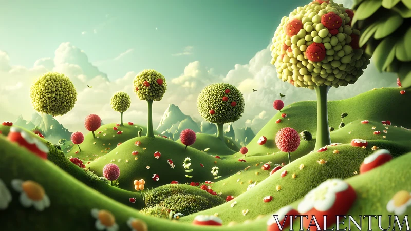 Playful candy forest drifting over soft green hills.