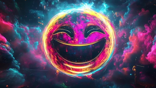 Neon plasma smiley nebula with glowing chromatic particle halo