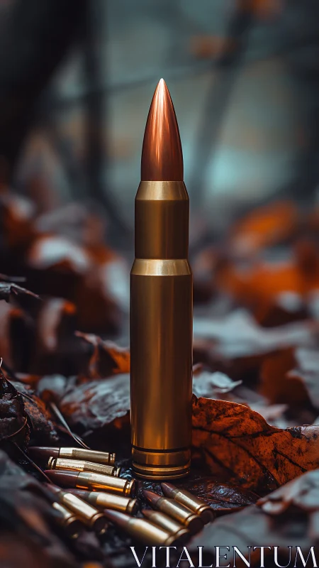 Single rifle cartridge upright among scattered rounds outdoors.