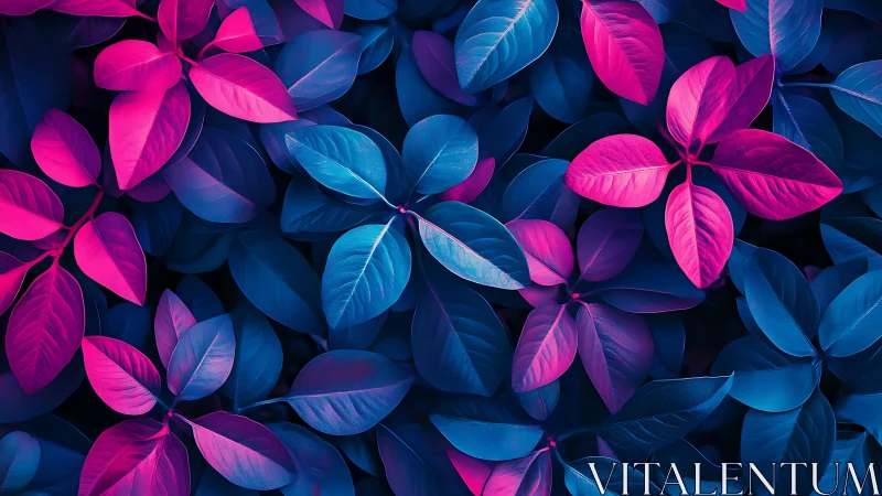 Neon-toned foliage pattern with pink and blue overlapping leaves.