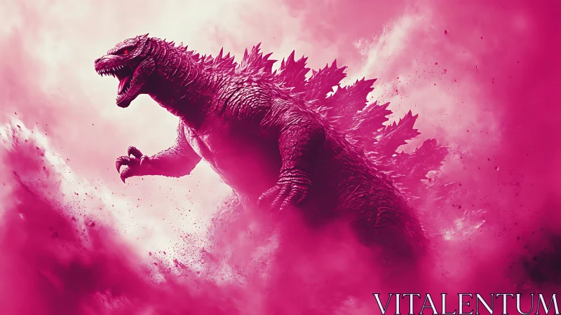 Giant reptilian creature rendered in monochrome magenta haze