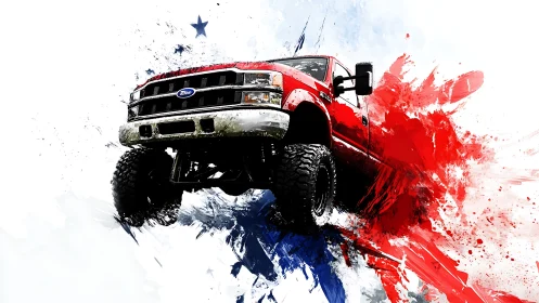 Lifted red pickup truck surges through abstract tricolor splashes