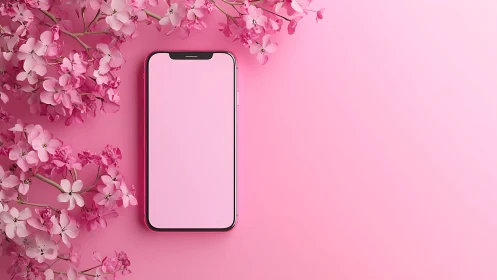 Smartphone with Notched Display Against Pink Floral Gradient Background
