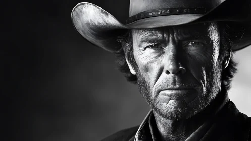 Monochrome close portrait shows older man in cowboy hat
