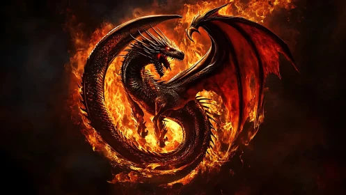 Coiled fire dragon forms circular emblem with glowing scales and wings