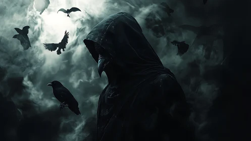 Hooded plague mask figure amid crows in dark foggy sky.