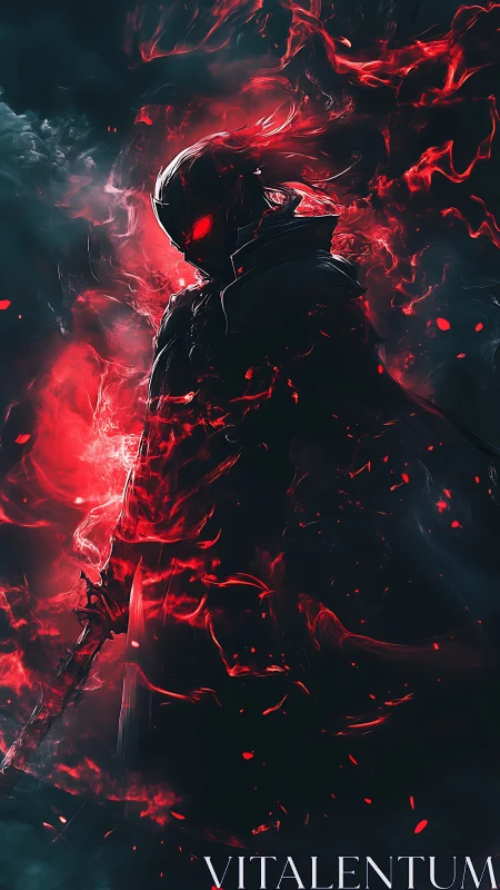 Dark armored figure surrounded by red energy stands still