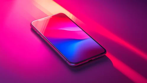 Modern smartphone on vibrant neon surface, digital art style.