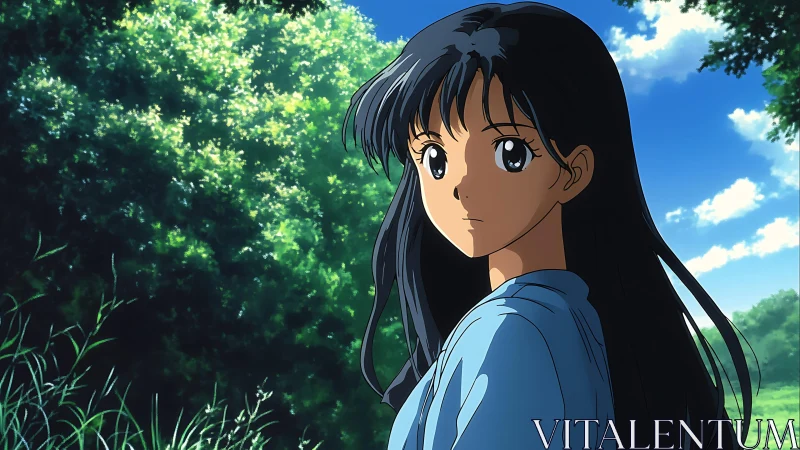Anime girl stands outdoors against dense sunlit foliage