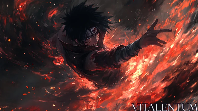 Dark haired ninja controlling swirling red firestorm.