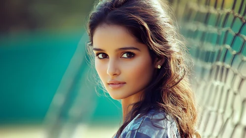 Shallow-depth portrait isolates subject against blurred chain-link fence