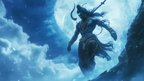 Celestial warrior silhouette strides before an oversized moon