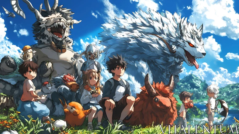 Children rest with colossal fantasy beasts under bright sky