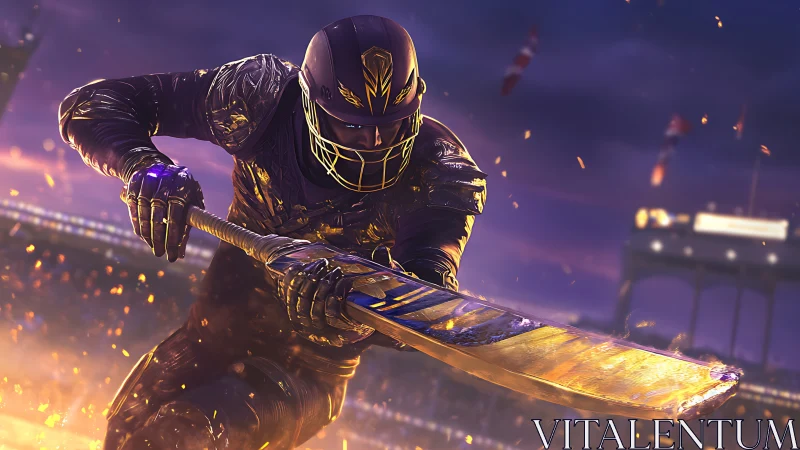 Futuristic cricket striker in armored exosuit under stadium lights.