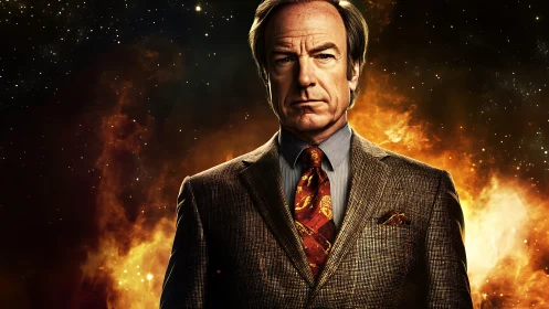 Stoic suited figure burns quietly against cosmic embers