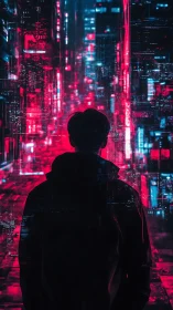 Silhouetted figure in neon lit digital city environment.