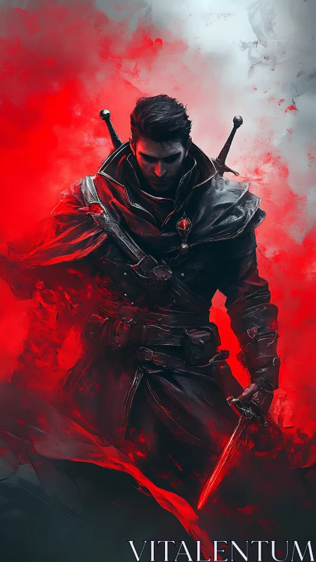 Shadowblade wanderer wrapped in red mist and quiet fire.