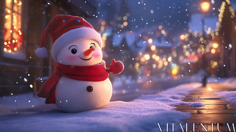 Smiling snowman in red scarf anchors a luminous winter street