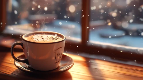 Steaming winter coffee glows in cozy golden window light.