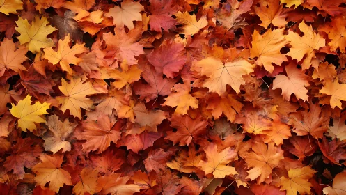 Crimson and amber maple leaves quilt the forest floor