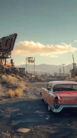 Rusting classic car in desolate sunlit post apocalyptic road.