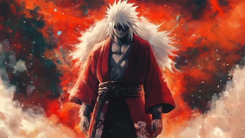 White haired warrior in red robe against blazing sky.