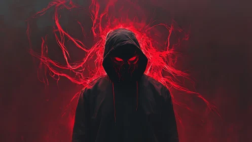 Mysterious hooded figure glowing with intense red energy.