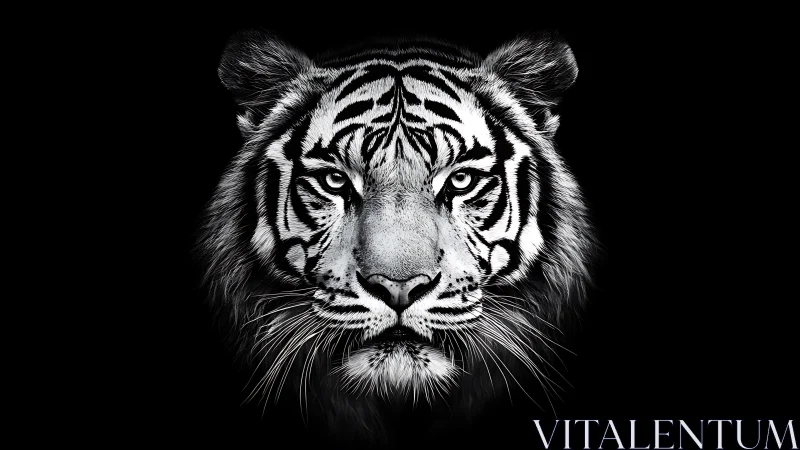 Monochrome frontal tiger portrait isolates high-contrast fur
