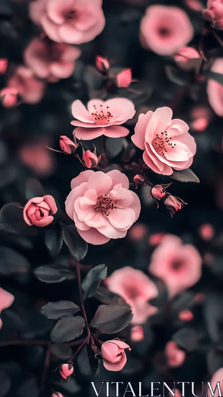 Pink flowers with visible stamens photographed against dark foliage background