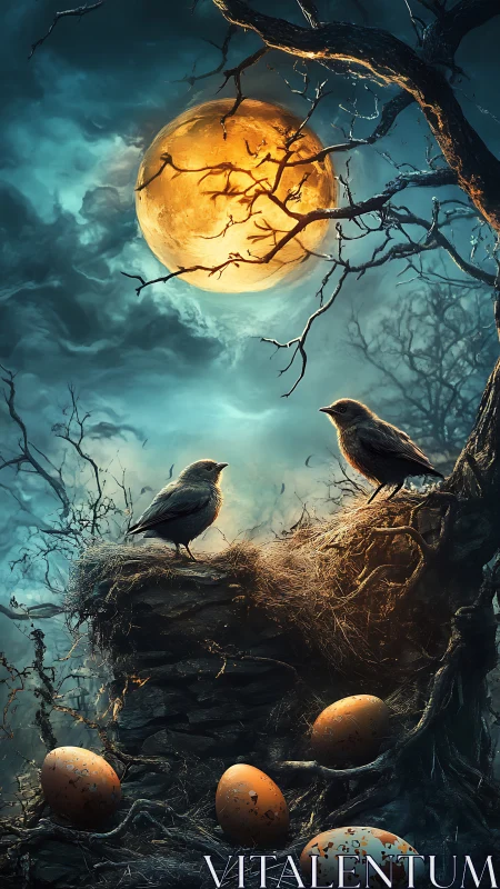 Moonlit nest whispers with watchful night birds and eggs.