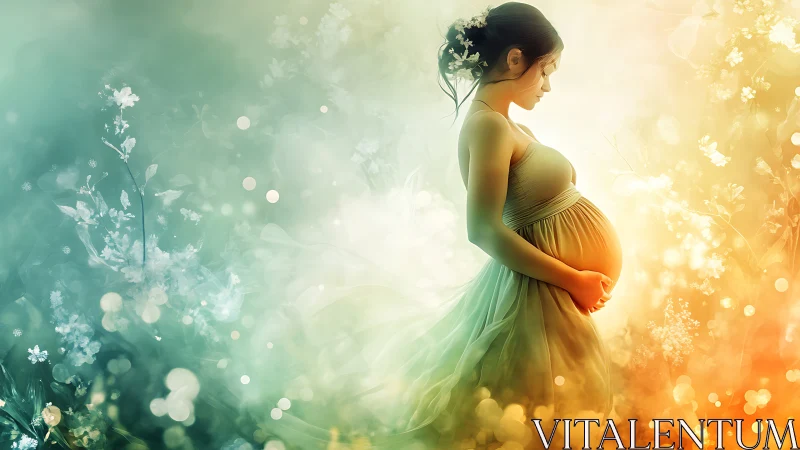 Gentle expecting mother glowing in dreamy floral light.
