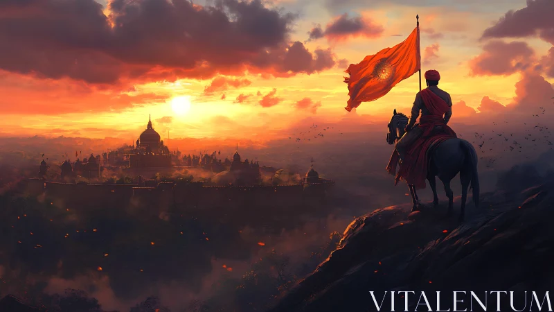 Warrior on horseback watches fortified palace at sunset.