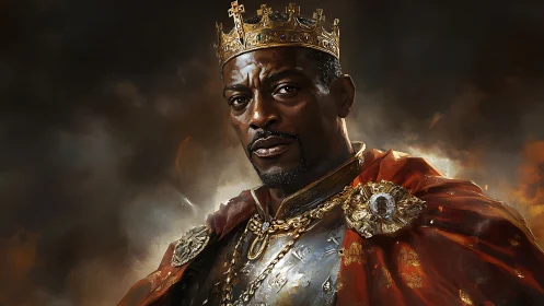 Regal portrait of crowned monarch in ornate red cloak.