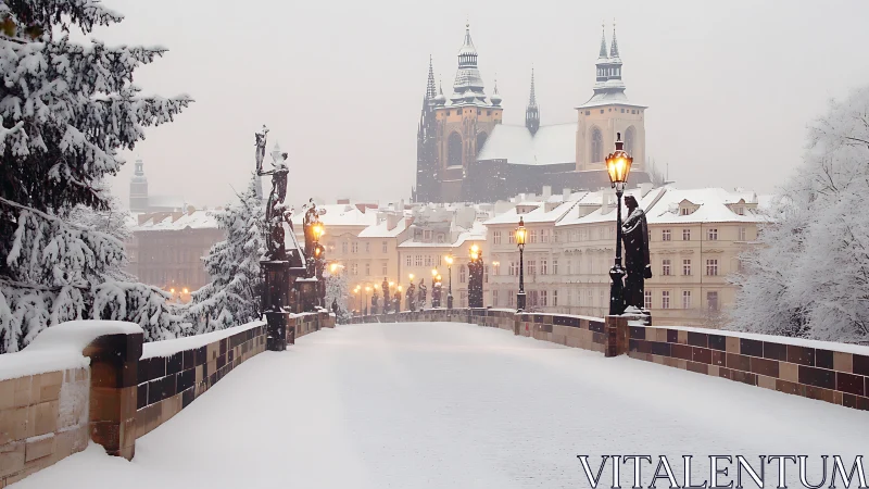 Quiet winter bridge welcomes a softly glowing old town